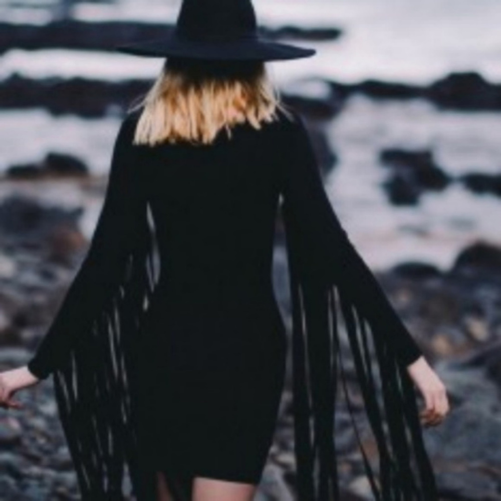 Fringed Lines Black Suede-Like Feel Dress